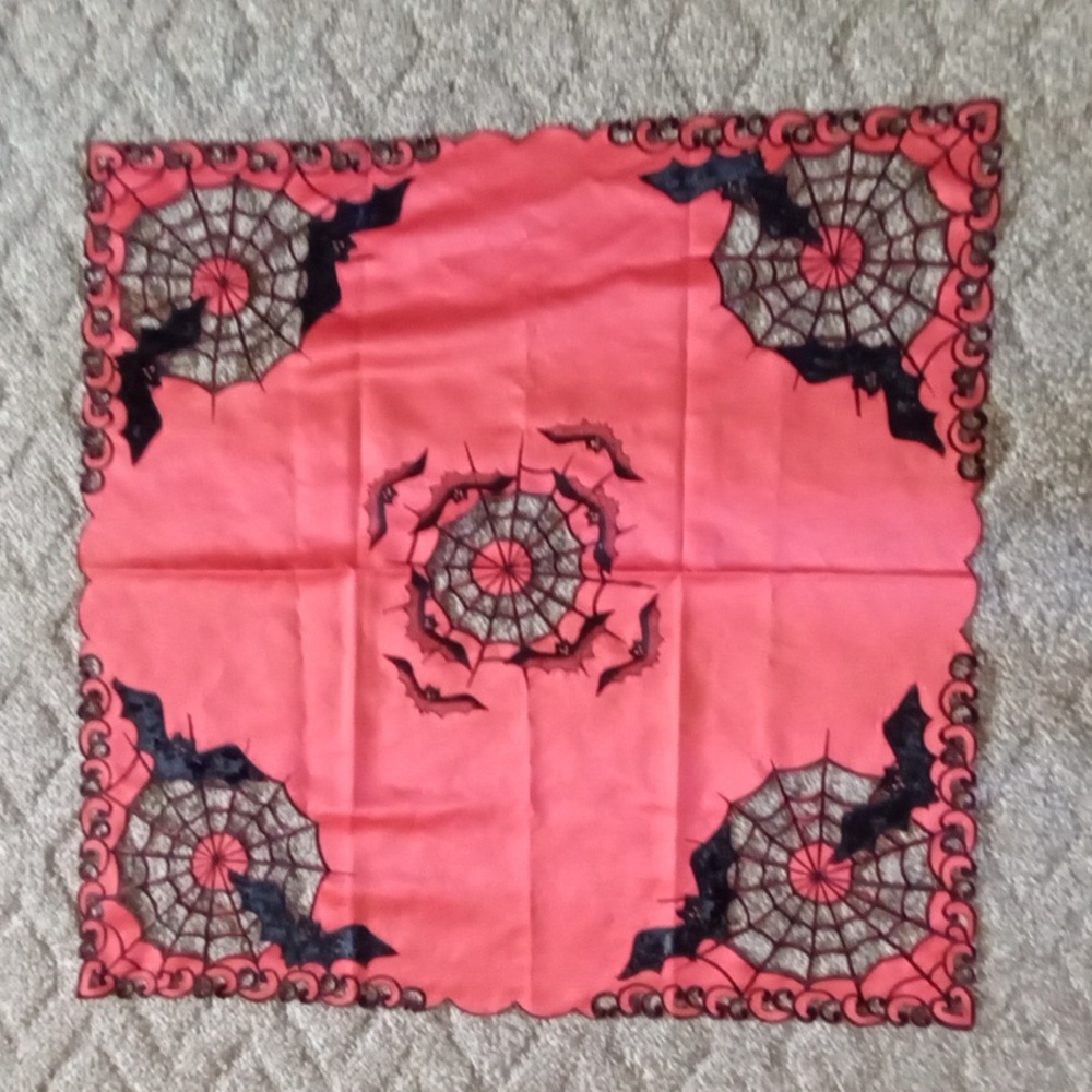 Orange and Black Spider Web Halloween Tablecloth 32x32 - Picture 3 of 7